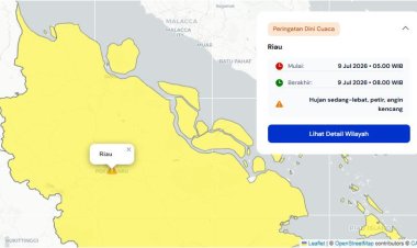 Prakiraan Cuaca Riau 9 Juli 2026, Peringatan Dini BMKG Waspada Hujan Lebat Disertai Petir dan Angin Kencang Siang atau Sore Hari