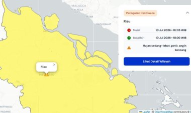 Prakiraan Cuaca Riau 10 Juli 2026, Peringatan Dini BMKG Waspada Hujan Lebat Disertai Petir dan Angin Kencang Sore dan Dini Hari