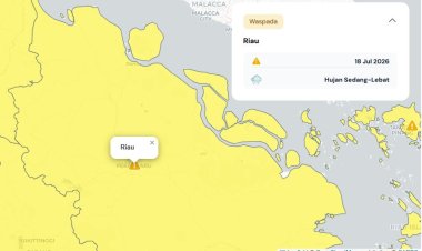 Prakiraan Cuaca Riau 18 Juli 2026, Peringatan Dini BMKG Waspada Hujan Lebat Disertai Petir dan Angin Kencang Sore dan Malam Hari