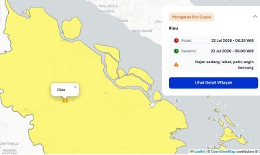 Prakiraan Cuaca Riau 22 Juli 2026, Peringatan Dini BMKG Waspada Hujan Lebat Disertai Petir dan Angin Kencang Pagi dan Sore Ini