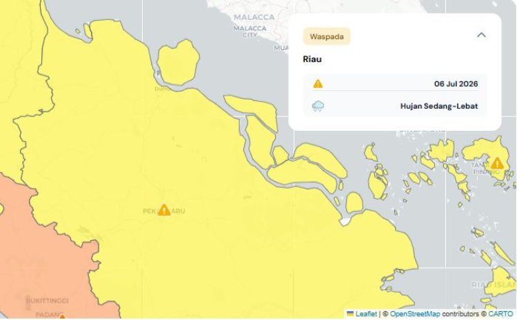 Prakiraan Cuaca Riau 6 Juli 2026, Masih Ada Hujan Ringan di Bengkalis, Kampar dan Kuansing pada Malam hingga Dini Hari
