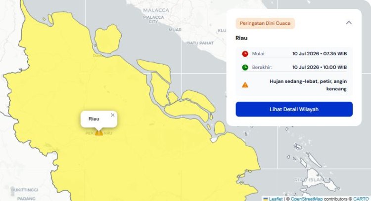 Prakiraan Cuaca Riau 10 Juli 2026, Peringatan Dini BMKG Waspada Hujan Lebat Disertai Petir dan Angin Kencang Sore dan Dini Hari