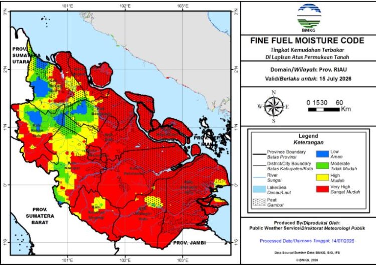 Prakiraan Cuaca Riau 15 Juli 2026, Hanya Ada Hujan Ringan di Pelalawan dan Inhil Siang hingga Sore Hari, 8 Titik Panas Menyala