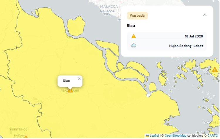 Prakiraan Cuaca Riau 18 Juli 2026, Peringatan Dini BMKG Waspada Hujan Lebat Disertai Petir dan Angin Kencang Sore dan Malam Hari