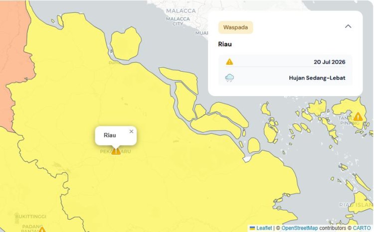 Prakiraan Cuaca Riau 20 Juli 2026, Peringatan Dini BMKG Waspada Hujan Lebat Disertai Petir dan Angin Kencang Pagi dan Malam Hari