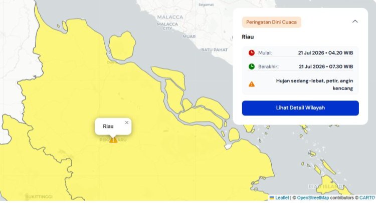 Prakiraan Cuaca Riau 21 Juli 2026, Peringatan Dini BMKG Waspada Hujan Lebat Disertai Petir dan Angin Kencang Pagi Ini