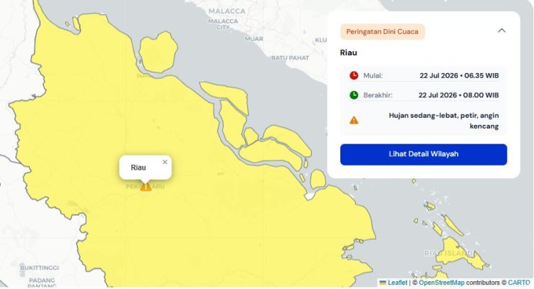 Prakiraan Cuaca Riau 22 Juli 2026, Peringatan Dini BMKG Waspada Hujan Lebat Disertai Petir dan Angin Kencang Pagi dan Sore Ini
