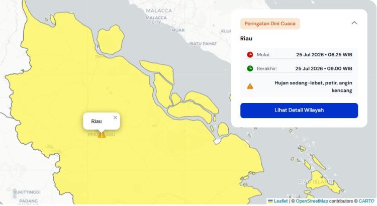 Prakiraan Cuaca Riau 25 Juli 2026, Peringatan Dini BMKG Waspada Hujan Lebat Disertai Petir dan Angin Kencang Pagi Hari