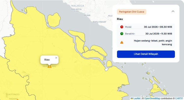 Prakiraan Cuaca Riau 30 Juli 2026, Peringatan Dini BMKG Waspada Hujan Lebat Disertai Petir dan Angin Kencang Pagi Hari