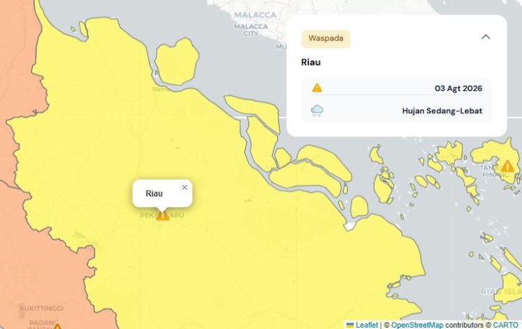 Prakiraan Cuaca Riau 3 Agustus 2026, Peringatan Dini BMKG Waspada Hujan Lebat Disertai Petir dan Angin Kencang Siang dan Malam Hari