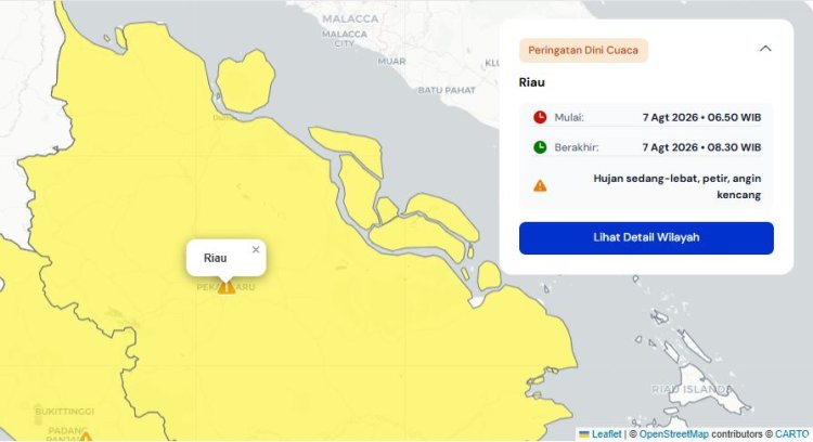 Prakiraan Cuaca Riau 7 Agustus 2026, Peringatan Dini BMKG Waspada Hujan Lebat Disertai Petir dan Angin Kencang Pagi dan Malam Hari