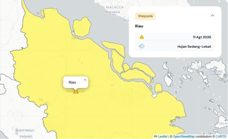 Prakiraan Cuaca Riau 11 Agustus 2026, BMKG Ungkap Hujan Ringan tak Merata di Rohil dan Pekanbaru pada Dini Hari