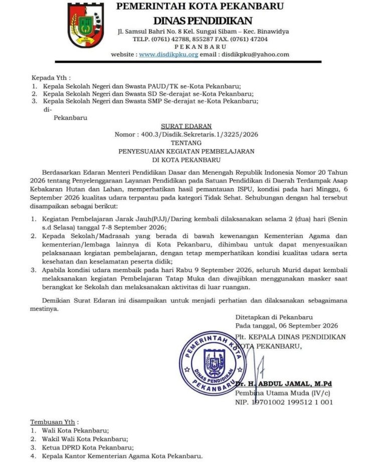 Pekanbaru Dilanda Kabut Asap, Pemko Putuskan Siswa PAUD hingga SMP Belajar Daring 7-8 September 2026