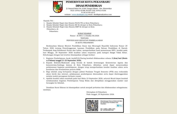 Siswa PAUD hingga SMP di Pekanbaru Ikuti Pembelajaran Jarak Jauh 21-22 September 2026, Kualitas Udara Sangat Tidak Sehat
