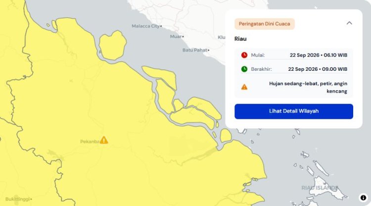 Prakiraan Cuaca Riau 22 September 2026, Peringatan Dini BMKG Waspada Hujan Lebat Disertai Petir dan Angin Kencang Pagi Ini