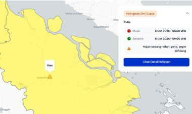 Prakiraan Cuaca Riau 6 Oktober 2026, Peringatan Dini BMKG Waspada Hujan Lebat Disertai Petir dan Angin Kencang Malam atau Dini Hari