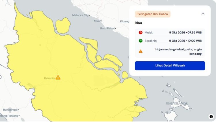 Prakiraan Cuaca Riau 9 Oktober 2026, Peringatan Dini BMKG Waspada Hujan Lebat Disertai Petir dan Angin Kencang Sore atau Dini Hari